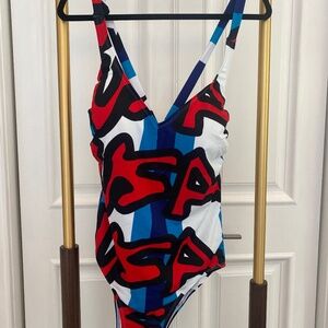 Stephen Sprouse abstract print swimsuit with molded cups